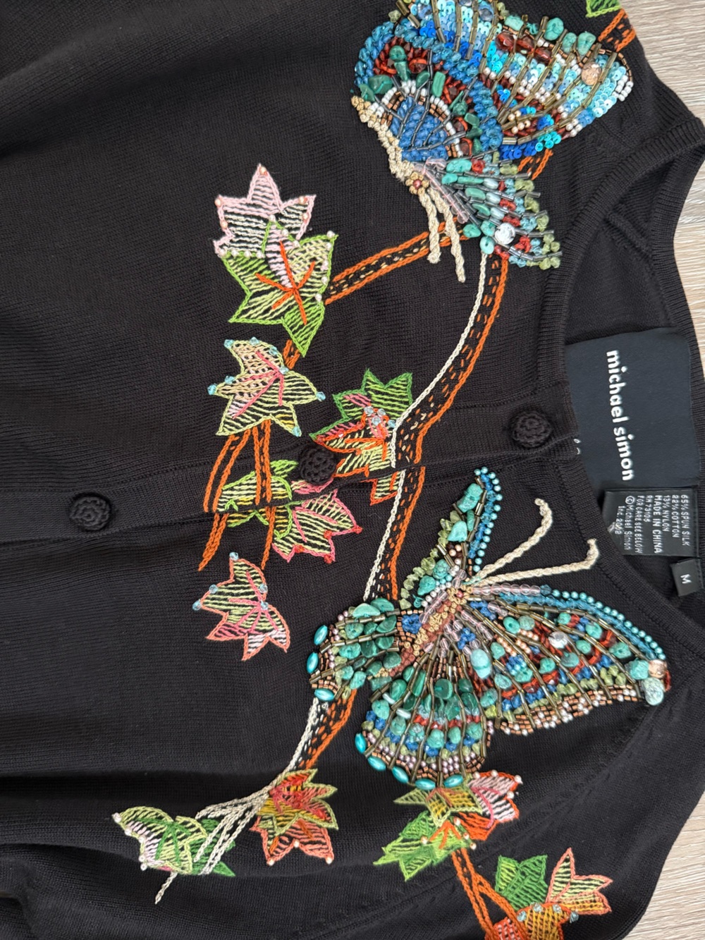 Vintage Michael Simon Black Cardigan w/ Multicolor Beaded Butterflies Size M - Picture 6 of 6